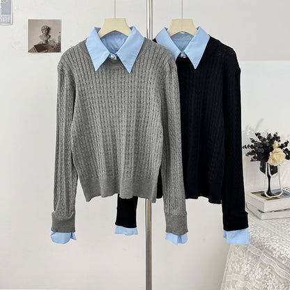 Long Sleeve Ribbed Knit Top with Mock Two-Piece Paneling