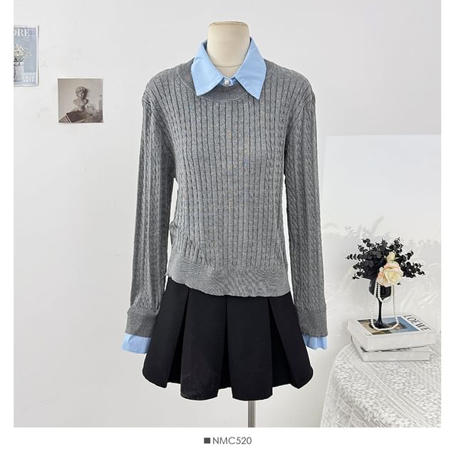 Long Sleeve Ribbed Knit Top with Mock Two-Piece Paneling