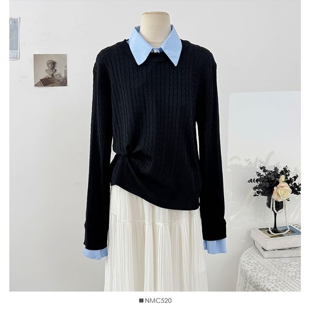 Long Sleeve Ribbed Knit Top with Mock Two-Piece Paneling