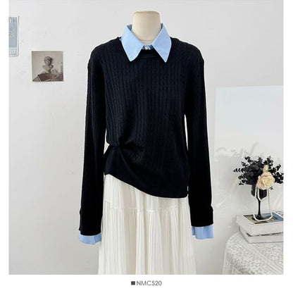 Long Sleeve Ribbed Knit Top with Mock Two-Piece Paneling