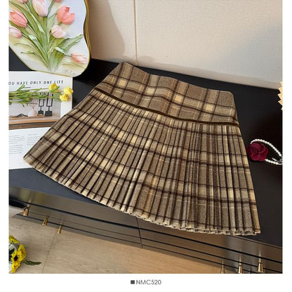 Plaid Pleated Mini Skirt - High Waist A-Line