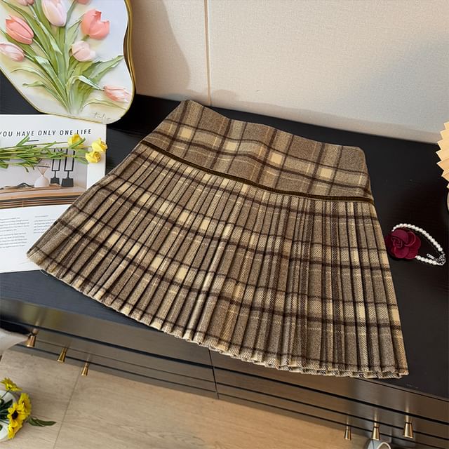 Plaid Pleated Mini Skirt - High Waist A-Line