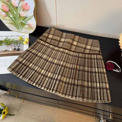 Plaid Pleated Mini Skirt - High Waist A-Line