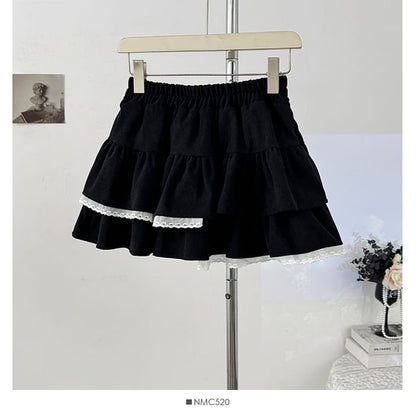 Lace-Trim Layered Mini Skirt - High Waist A-Line