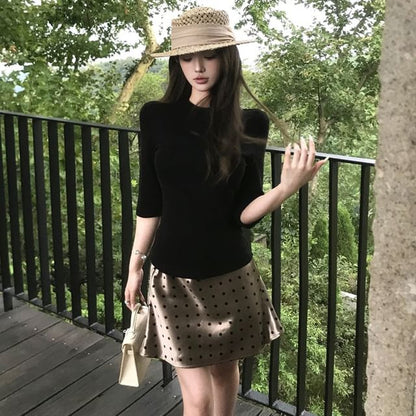 Elbow-Sleeve Knit Top & Dotted Mini Skirt