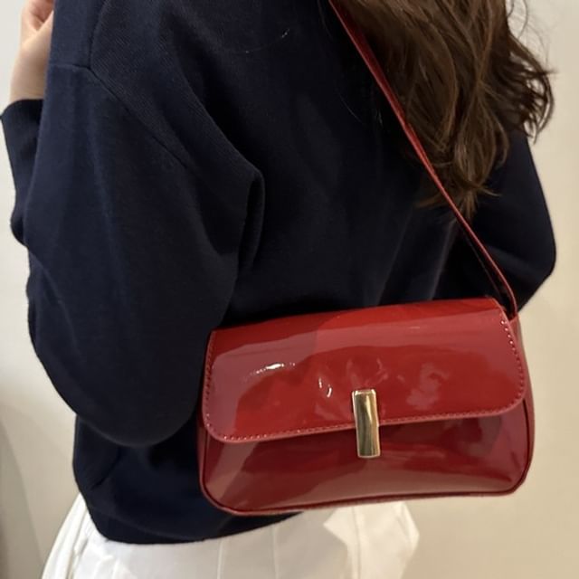 Plain Patent Leather Flap Shoulder Bag