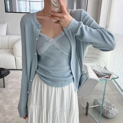 Set: Lace Trim Ribbed Knit Camisole Top + Crew Neck Faux Pearl Cardigan
