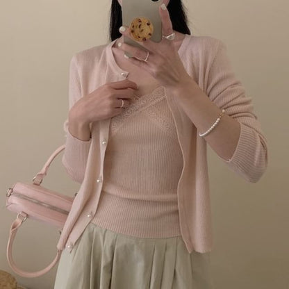 Set: Lace Trim Ribbed Knit Camisole Top + Crew Neck Faux Pearl Cardigan