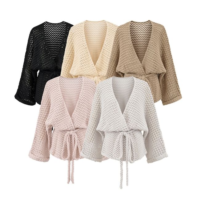 V-Neck Perforated Tie Waist Plain Wrap Cardigan