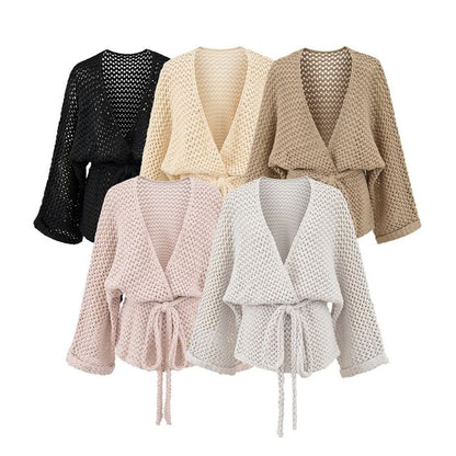 V-Neck Perforated Tie Waist Plain Wrap Cardigan
