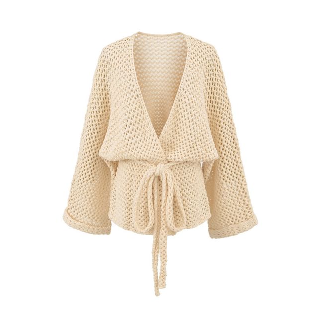 V-Neck Perforated Tie Waist Plain Wrap Cardigan