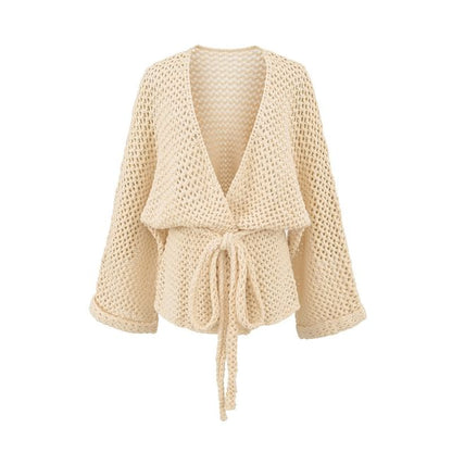 V-Neck Perforated Tie Waist Plain Wrap Cardigan