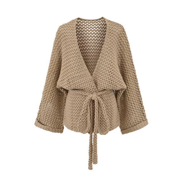 V-Neck Perforated Tie Waist Plain Wrap Cardigan