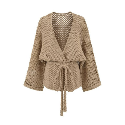 V-Neck Perforated Tie Waist Plain Wrap Cardigan