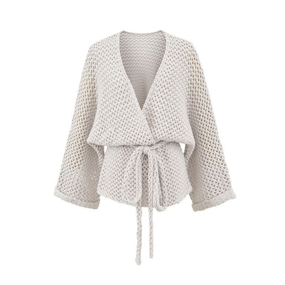 V-Neck Perforated Tie Waist Plain Wrap Cardigan