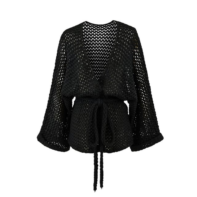 V-Neck Perforated Tie Waist Plain Wrap Cardigan