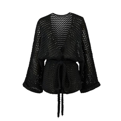 V-Neck Perforated Tie Waist Plain Wrap Cardigan