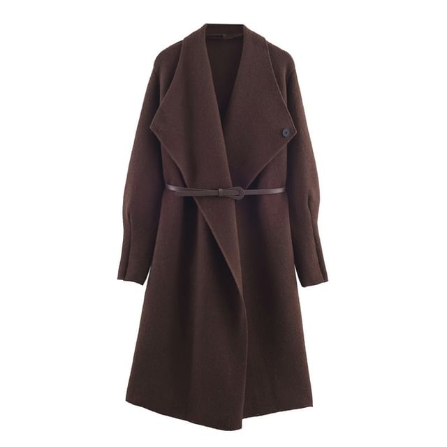 Set: Waterfall Collar Plain Open Front Long Cardigan + Belt