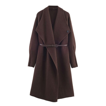 Set: Waterfall Collar Plain Open Front Long Cardigan + Belt