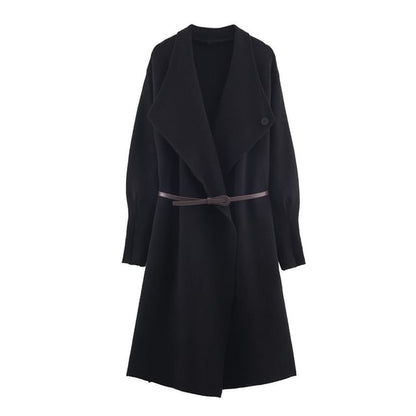 Set: Waterfall Collar Plain Open Front Long Cardigan + Belt