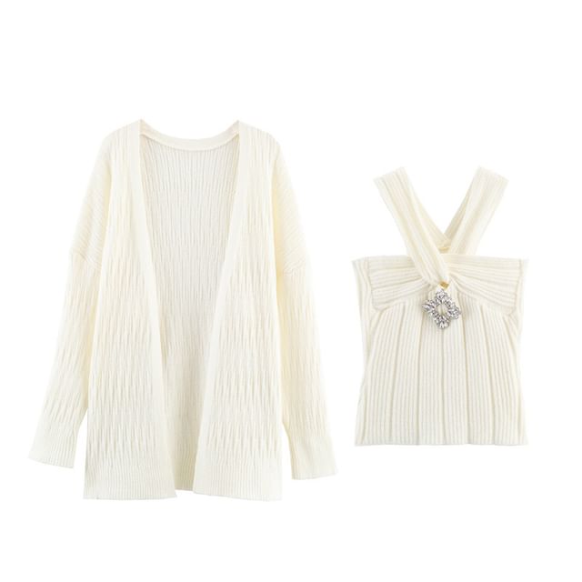 Set: Plain Open Front Cardigan + Halter Neck Rhinestone Accent Crop Knit Top