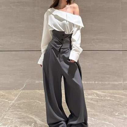 One-Shoulder Blouse with Long Sleeves, Wide Leg Pants, and Belt
