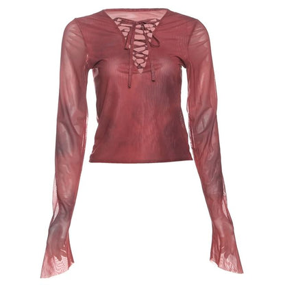 Asymmetrical Tie-Dyed Lace-Up Mesh Top with Buckled Mini Skirt