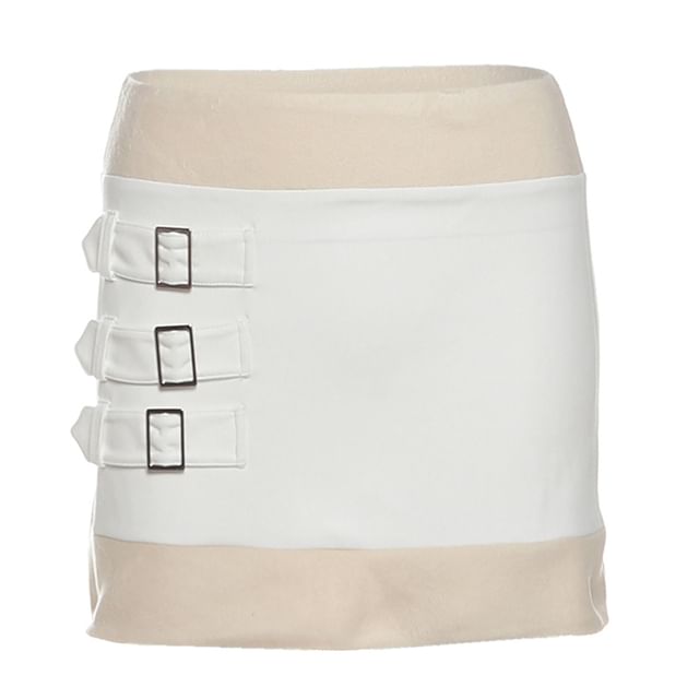 Mesh Top & Buckled Skirt Set - Asymmetrical, Lace-Up