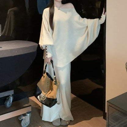 Sweater & Pencil Skirt Set - Batwing Sleeve, Boat Neck