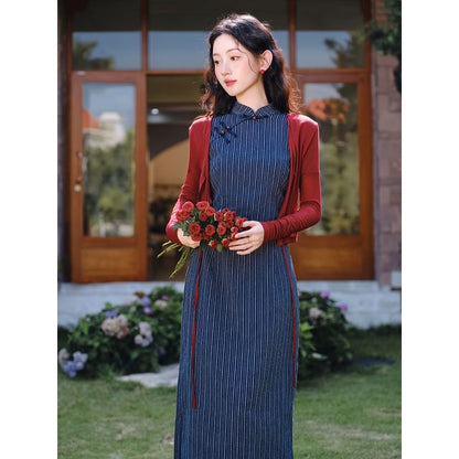 Short-Sleeve Striped Midi Qipao / Plain Tie Front Cardigan / Set