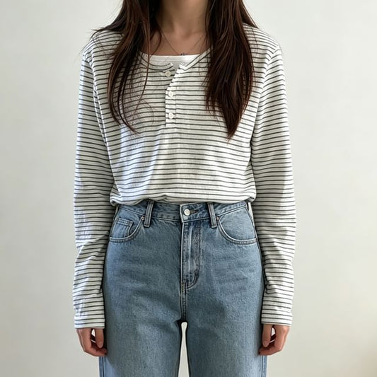 Mock Two-Piece Long-Sleeve Henley Striped T-Shirt