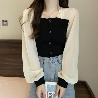 Long-Sleeve Mock Neck Knit Top with Mesh Panel and Buttons