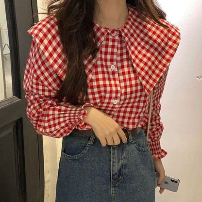 Long-Sleeve Gingham Check Blouse