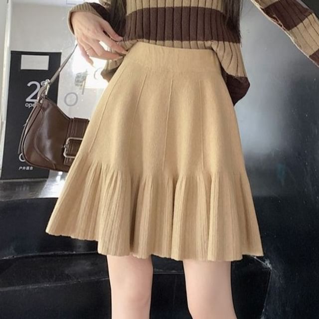Knit Mini Skirt - High Waist Plain A-Line
