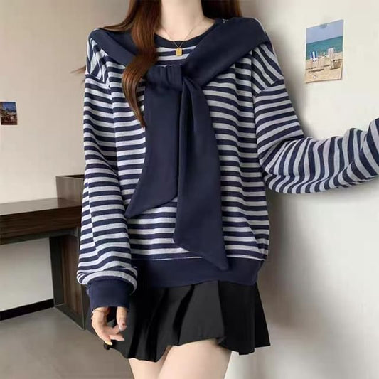 Striped Knot-Detail Crewneck Pullover Sweatshirt
