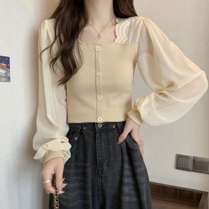 Long-Sleeve Mock Neck Knit Top with Mesh Panel and Buttons