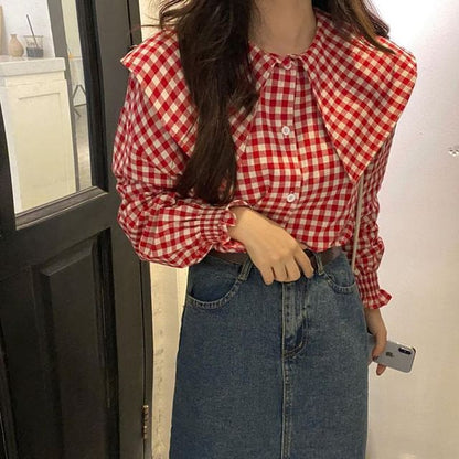Long-Sleeve Gingham Check Blouse