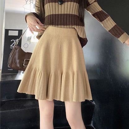 Knit Mini Skirt - High Waist Plain A-Line