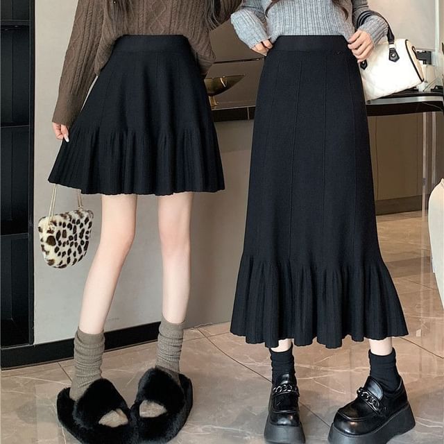 Knit Mini Skirt - High Waist Plain A-Line