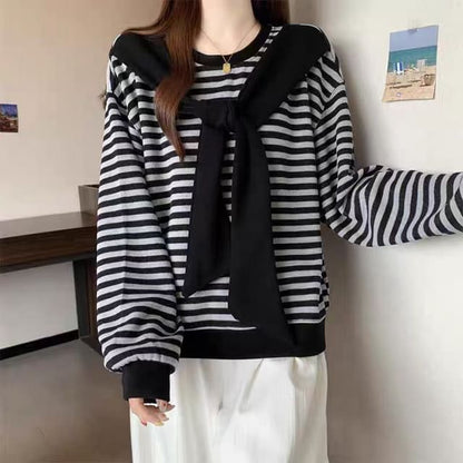 Striped Knot-Detail Crewneck Pullover Sweatshirt