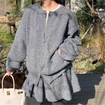 Long Sleeve Plain Loose-Fit Zip-Up Cardigan