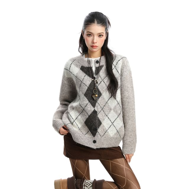 Round Neck Argyle Button Up Cardigan