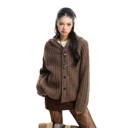 Hooded Plain Button Up Cardigan