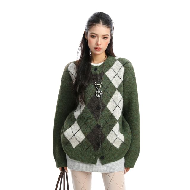 Round Neck Argyle Button Up Cardigan
