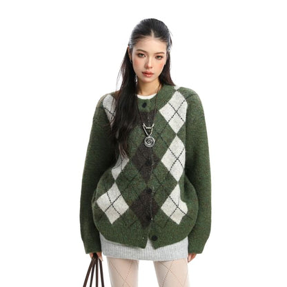 Round Neck Argyle Button Up Cardigan