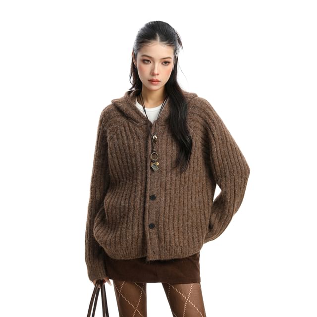 Hooded Plain Button Up Cardigan