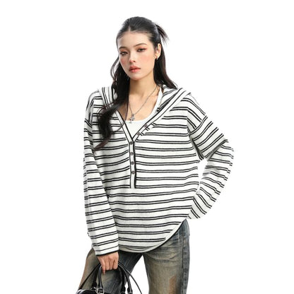 Striped Hooded Long-Sleeve Casual Tee