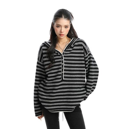 Striped Hooded Long-Sleeve Casual Tee