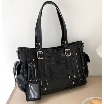 Faux Leather Plain Shoulder Bag With Tag
