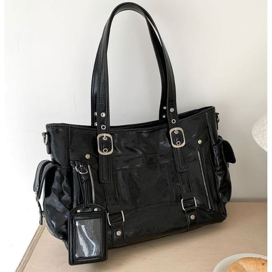 Faux Leather Plain Shoulder Bag With Tag